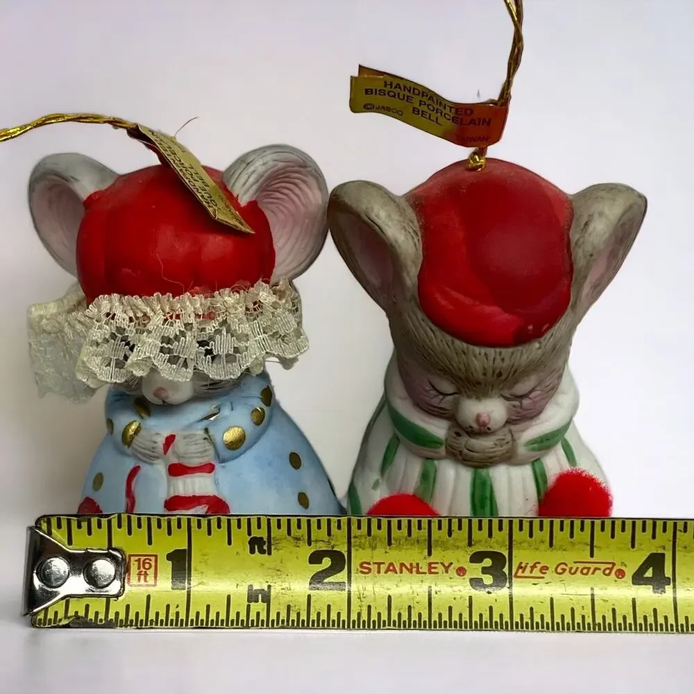 2 Lil Chimers Mice Mouse Bells Ornaments Vintage Shelf Sitters Christmas Decor